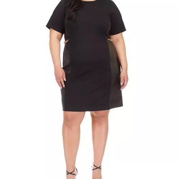 New Michael Kors Womens Size 3X Black Faux Leather Mixed Media Chain Shift Dress - Picture 1 of 11